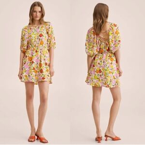 Mango Floral Short Puff Sleeve Mini Dress